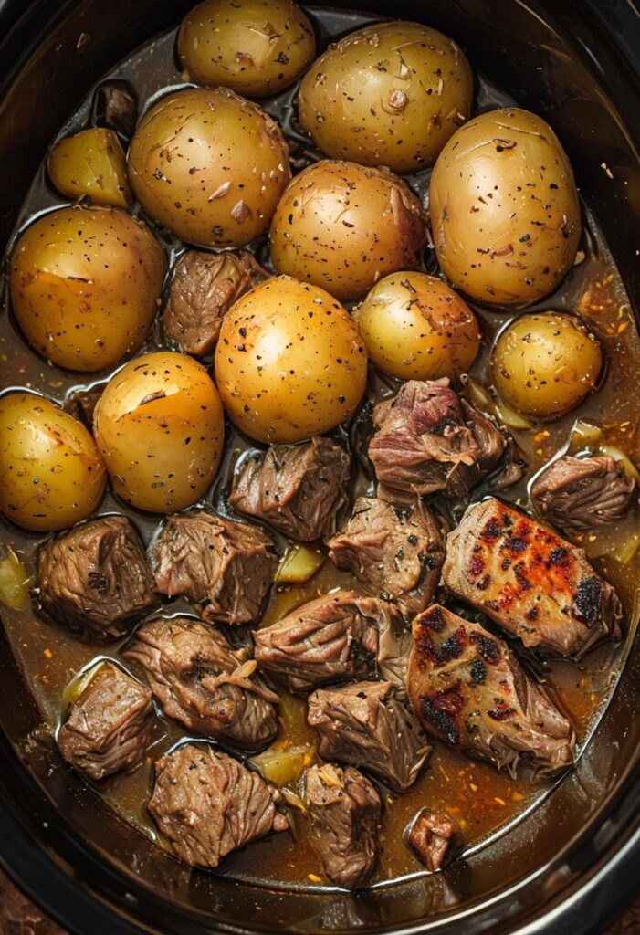 Slow Cooker Garlic Butter Beef Bites & Potatoes